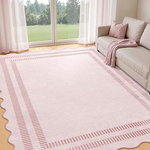 Pink Rugs for Bedroom Girls, 5x7 Washable Non Slip Area Rugs for Living Room, Soft Vintage Ultra-Thin Scalloped Carpet for Nursery Dorm Home Decor