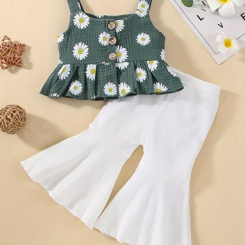 Spring And Summer Sleeveless Puff Sleeve Chrysanthemum Print Skirt + Solid Color Ribbed Flared Pants Two-Piece Set for Youngsters, for Outdoor