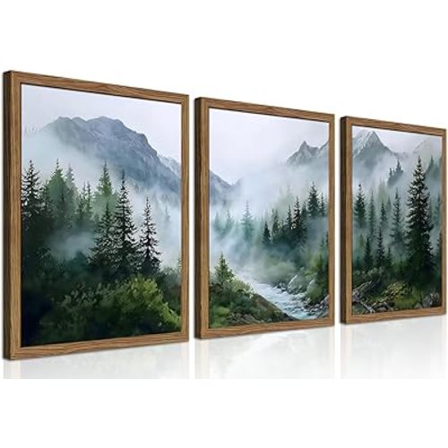 Framed Forest Wall Art Set of 3, Misty Mountain Landscape Canvas Wall Decor Paintings, Nature Tree River Scenery Artwork Prints Pictures for Living Room Bedroom Office 16x24 Inch