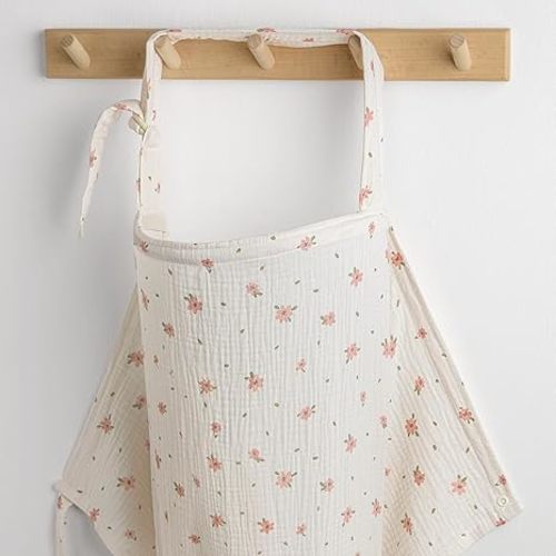 Blissful Diary Muslin Nursing Cover for Breastfeeding, Breathable Breastfeeding Cover up with Arch Neckline for Women, Nursing Apron (Pink Floral)