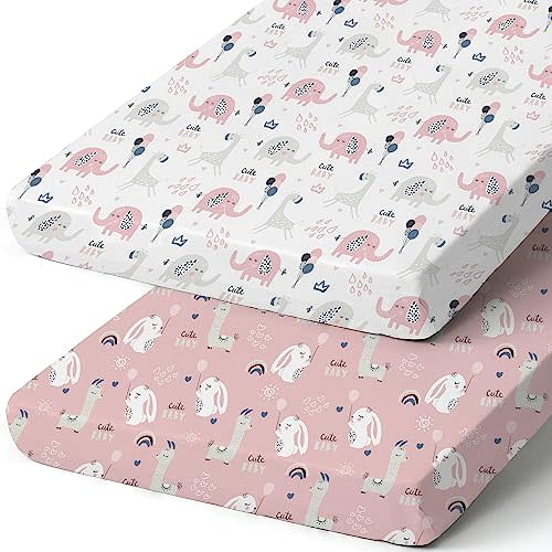 Pack n Play Sheets, BROLEX 2 Pack Mini Crib Sheets,Stretchy Portable Fitted Playard Sheet Set, Convertible Playard Mattress Cover,Ultra Soft Breathable Material,Elephant&Rabbit