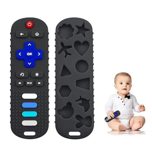 2-Pack Silicone Baby Teething Toys, TV Remote Teethers for 6-12-18 Months Infant, Fire Remote Shape Toddlers Silicone Teethers for Boys and Girls Sensory Toy(Black+Blue)
