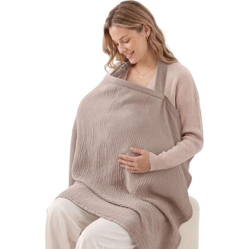 Blissful Diary Muslin Nursing Cover for Breastfeeding, Breathable Breastfeeding Cover up with Arch Neckline for Women, Nursing Apron (Agreeable Gray)