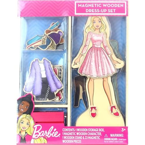 Barbie Magnetic Wooden Dress Up Toy – Pretend Play Set with Wooden Barbie Doll, Mix & Match Outfits & Storage Box – Educational Magnetic Toy for Girls Ages 3+