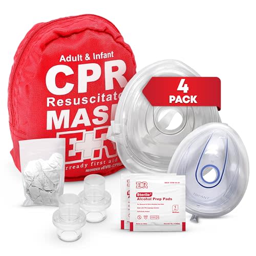 Adult and Infant CPR Mask Combo Kit – 4-Pack – 8 Valves, 4 Gloves, 8 Alcohol Pads – Latex-Free, Portable Pouch for First Responders