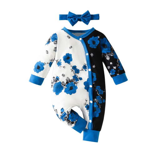 9 Months Baby Girl Clothes Ruffle Floral Infant Newborn Baby Clothes For Girls Zip Baby Girl Romper Jumpsuit with Headband Blue