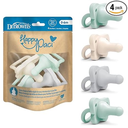 Dr. Brown's HappyPaci 100% Silicone Baby Pacifier, Contoured One-Piece Design, Gray, Green, Ecru, 0-6m, BPA-Free, 4-Pack