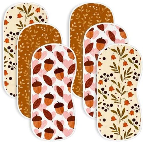 Muslin Baby Burp Cloths 6 Pack Woodland Autumn Floral Style 100% Organic Cotton Ultra Absorbent Large Shoulder Rags Newborn Shower Gift Set Soft Infant Spit Up Washcloths Neutral Unisex Contour Layers