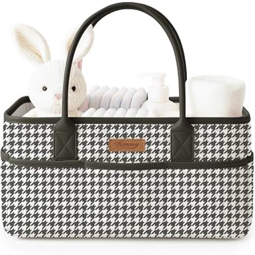 Konssy Quilted Diaper Caddy Organizer, Diaper Caddy Basket with PU Leather Handles, Water-Repellent Nursery Storage Basket, Portable Car Organizer, Registry Search Must Haves (Black Hound)