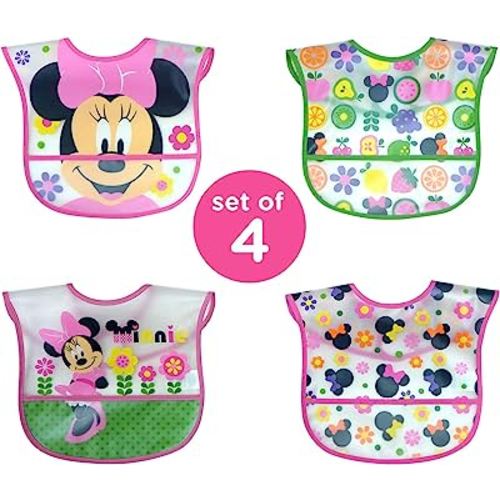Disney Minnie Mouse Easy Wipe Toddler Bib with Crumb Catcher 4 Pack