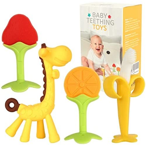 Fu Store Baby Teething Toys for Newborn (4-Pack) Freezer Safe BPA Free Infant and Toddler Silicone Banana Toothbrushes Fruit Giraffe Teethers Soothe Babies Gums Set with Storage Case