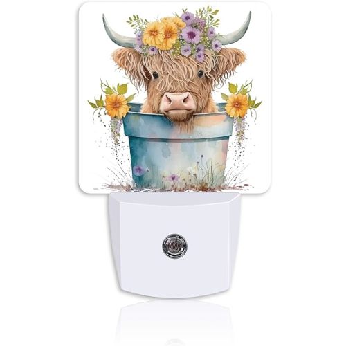 Neidius Night Light,Cartoon Highland Calf in Flower Pot Plug-in Night Light Auto Dusk-to-Dawn Sensor Energy Efficient LED Lamp for Room Decor,Hallway,Kitchen,Bathroom,Nursery,Stairs