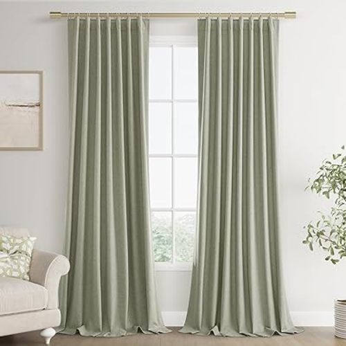 Joywell 100% Blackout Linen Curtains 108 Inch Long for Bedroom Black Out Curtain Room Darkening Drapes for High Ceiling Window 2 Panels Set Rod Pocket Back Tab Hook Belt,52 x 108,Sage Green