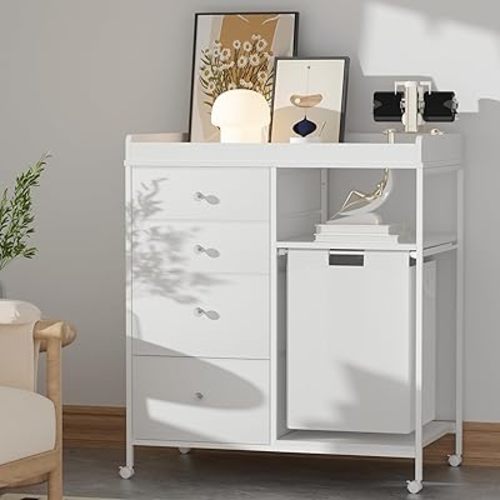 4-Drawer Storage Changing Station Dresser with Changing Table Top Mobile Baby Nursery Dresser with 1 Open Shelf and 1 Laundry Hamper Diaper Changing Station for Infant,White
