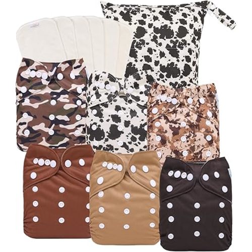 babygoal Reusable Cloth Diapers 6 Pack with 6pcs Rayon from Bamboo Inserts and Wet Bag, Baby Washable Pocket Nappy