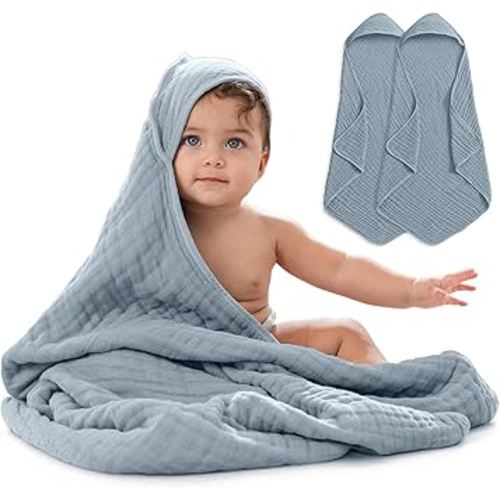 Comfy Cubs Hooded Baby Towel 2-Pack, Large 32 x 32 Inch - 6 Layer 100% Muslin Cotton for Babies, Toddlers and Kids - Soft & Absorbent Baby Bath Towels - Unisex Design for Bath Time - Pacific Blue