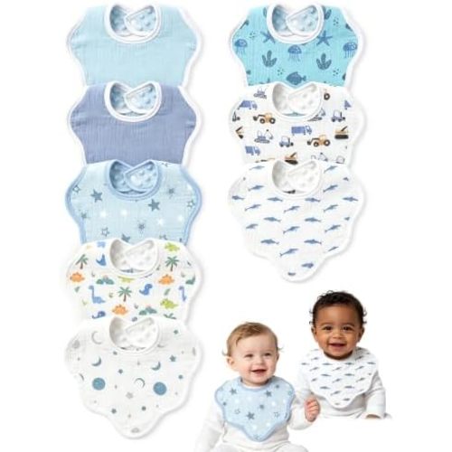 8 Pack Baby Bibs for Drooling and Teething, Cotton Muslin Baby Essentials Bibs for 0-36 Months