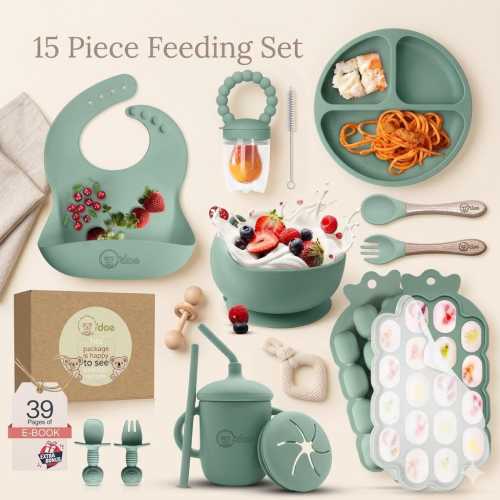 15pc Silicone Weaning Kit | Suction Plate, Bowl, Bib, Spoon & Cup | BPA-Free Toddler Tableware | Self-Feeding Training | Baby Shower Gift