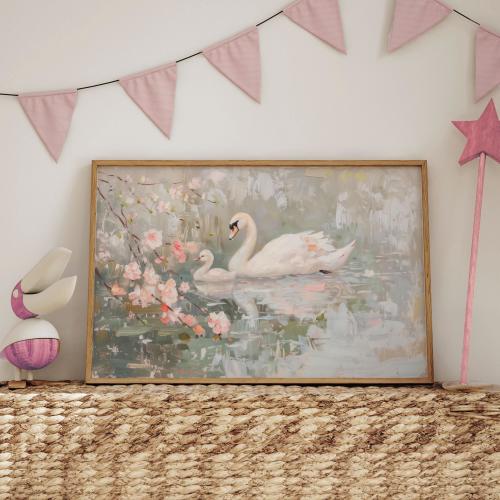 Antique Swan Landscape Print | Pink Vintage Wall Art Print | Antique Gallery Art | Bedroom Print | Blush Pink Wall Decor | Girls Nursery Art