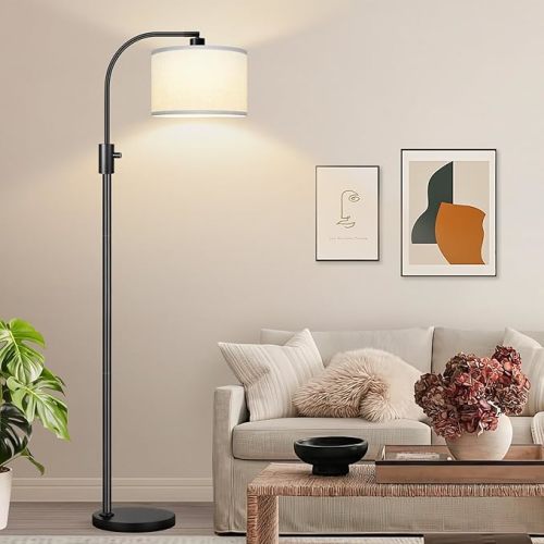 Nintiue Upgraded Modern Arc Dimmable Tall Standing Floor Lamp with Linen Shade, 1200 Lumens LED Bulb Included, for Living & Reading Room, Bedroom, Office & Nursery, Gold