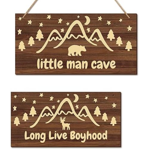 Bnesi Little Man Cave Boy Nursery Wall Decor Printed on Both Sides Baby Boy Room Decor Bear Decor Forest Nursery Decor Long Live Boyhood Nursery Decor Ideal for Boy and Forest-Themed Baby Room Spaces (Classic)