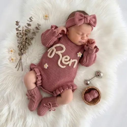 Personalized Baby Girl Romper Set, Custom Newborn Clothes, Hand Embroidered Newborn Gift