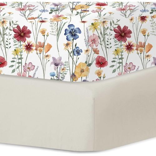 Little Grape Land Crib Sheets for Girls and Boys, 2pk Baby Crib Fitted Sheet for Standard Size Crib and Toddler Mattress, Super Soft Baby Sheet (Spring Flower & Beige)