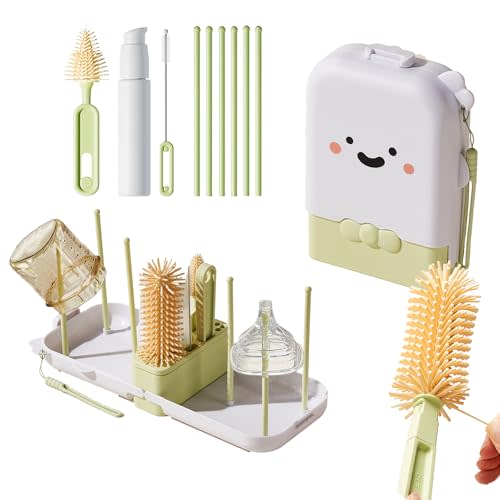 NONENDU 7-in-1 Baby Bottle Brush Set, Silicone Bottle Brush, Nipple Brush, Straw Cleaner, Travel Bottle, Drying Rack, Cleaning Kit Large Size Green