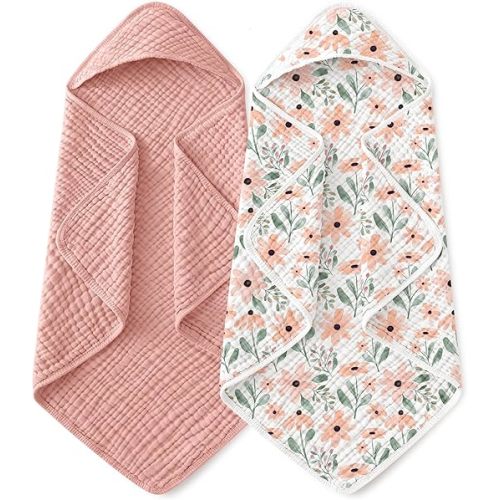 Yoofoss Hooded Baby Towels for Newborn 2 Pack 100% Muslin Organic Cotton Baby Bath Towel with Hood for Babies, Infant, Toddler and Kids, Large 32x32Inch, Soft and Absorbent Newborn Essential