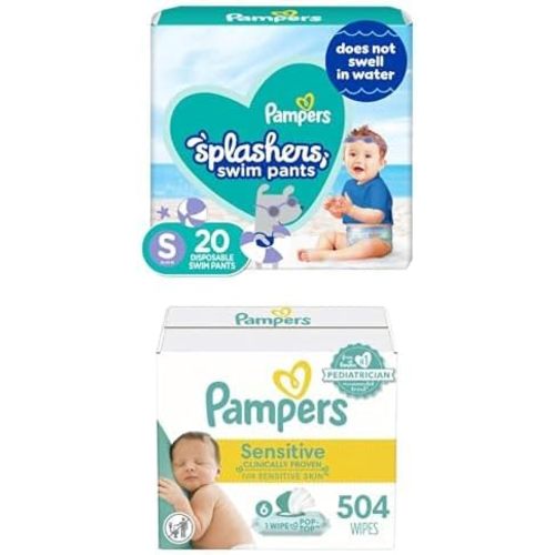 Pampers Splashers Swim Diapers - Size S, 20 Count, Gap-Free Disposabl + Pampers Sensitive Baby Wipes, Water Based, Hypoallergenic and Unscented, 6 Flip-Top Packs (504 Wipes Total) [Packaging May Vary]