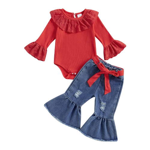 Loicainy Baby Toddler Girls 2 Piece Outfits 3 6 9 12 18 Months Ruffle Long Sleeves Romper and Ripped Denim Flare Pants Fall Clothes Set