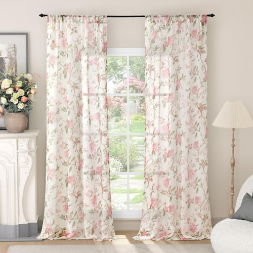 Red Barrel Studio® Vintage Farmhouse Semi-Sheer Floral Tulle Curtains, 84" Long, 2 Panels, Pink | Wayfair