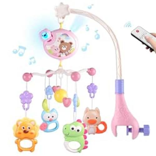 Crib Mobile with Music and Lights, Baby Mobiles for Cribs, Nursery Musical Mobile for Bassinets Toys Hanging Girls Boys, Pack and Play Space Portable Animal Mobile Hanger Arm Clip On Attachment