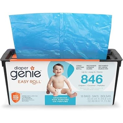 Diaper Genie Easy Roll Refill with 18 Bags - for the Diaper Genie Signature and Platinum pails | Lasts Up to 5 Months or Holds Up to 846 newborn Diapers Per Refill blue 1 Count