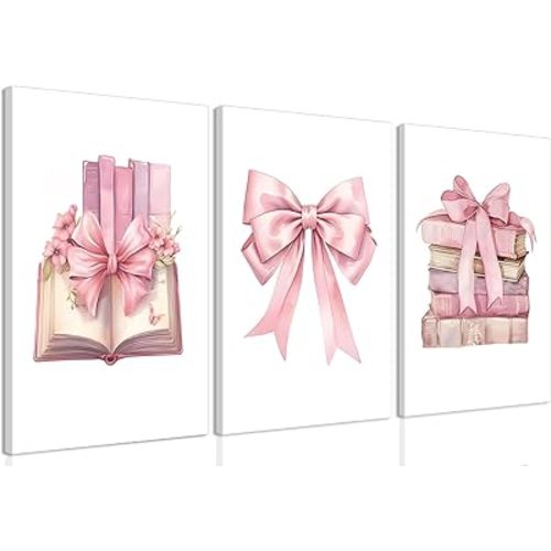 JBZZD Coquette Pink Bow Canvas Wall Art Set of 3,Book Lovers Gifts Preppy Decor Trendy Pink book Posters Pictures Prints Aesthetic for Girls Room College Apartment Living Room Bedroom Framed 12x16 In