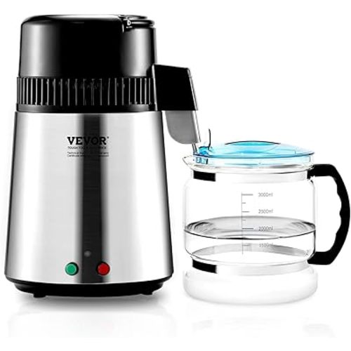 VEVOR Water Distiller, 4L/1.1 Gallon Pure Water Purifier Filter for Home Countertop, 750W Distilled Water Maker, Stainless Steel Interior Distiller Water Making Machine to Make Clean Water, Silver
