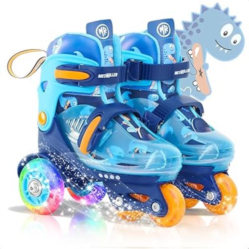 METROLLER Adjustable Kids Balance Roller Skates for Toddler Ages 3-6 Rainbow Unicorn Dinosaurs Illuminating Rollerskates for Girls Boys Ages 5-8 Three-Point Type Suitable for Beginners