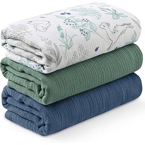 Muslin Swaddle Blankets for Newborn, 3 Pack Breathable Soft Receiving Blanket, Large 38 x 40 inches Swaddle Wrap Burping Clothes Diapers, Essentials Infant Shower Items, Toddler Gift (Fawn & Leaves)