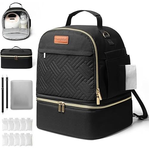 Large Breast Pump Bag for Spectra S1 S2, Double Layer Removable Breast Milk Cooler Bag with 10 Gel Ice Packs & Waterproof Mat, Wearable Pumping Bags for Work Travel & Family, Black