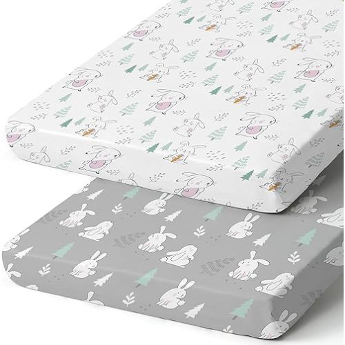 BROLEX 2 Pack Mini Crib Sheets, Stretchy Portable Fitted Playard Sheet Set, Convertible Playard Mattress Cover, Ultra Soft Breathable Polyester, Pink-Bellied Rabbit