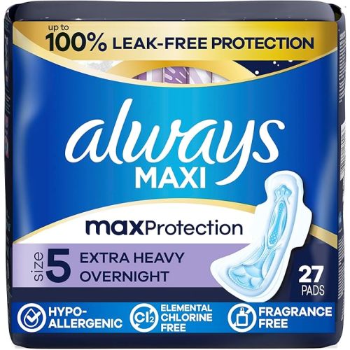 Always Maxi Overnight Feminine Pads with Wings for Women, Size 5, Extra Heavy Overnight Absorbency, Unscented, Up to 100% Leak-Free Protection, 27 Count