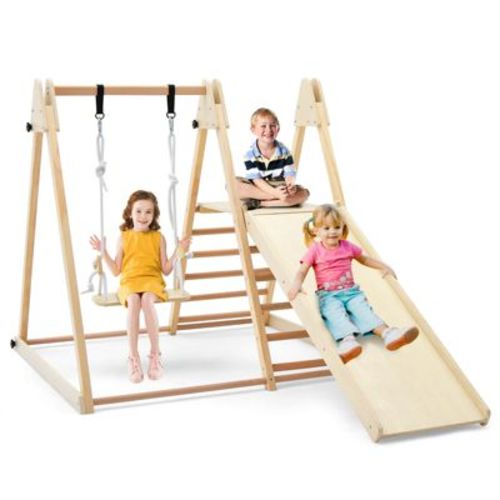 Costway 5-in-1 Kids Indoor Playground w/Slide Climbing Rock Adjustable Swing Wooden
