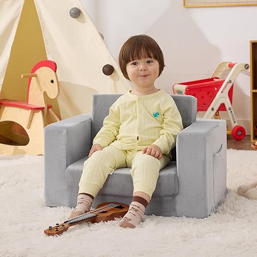 Kids Couch, 2-in-1 Toddler Chair Comfy 1-3 Years Old, Convertible Kids Chair, Toddler Couch That Fold Out, Kid Lounge Chairs for Boys and Girls, Soft Coral Fleece, Grey