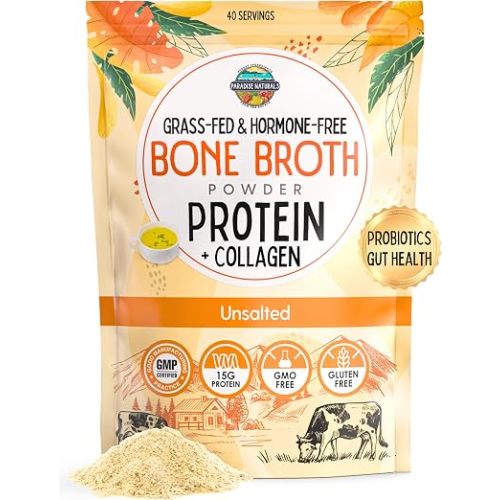 Paradise Naturals 100% Grass-Fed Natural Beef Bone Broth Powder + Active Probiotics, Collagen, 15g Protein, Non-GMO, Low Sodium, Gut Health, Paleo, Keto, Gluten-Free, for Healthy Skin, Hair, Joints