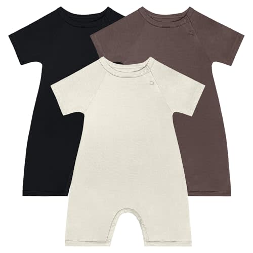 GUISBY Baby Romper 3-Pack Short Sleeve Rayon of Bamboo Bodysuit Set, 0-24M | Ultra-soft rayon of bamboo, breathable comfort, snap closure for easy diaper changes, envelope neckline, sleep & daily wear