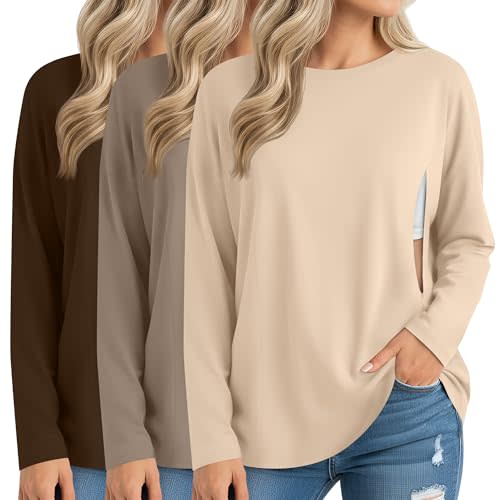 Sweetyweee 3 Pack Women's Nursing Breastfeeding Tops Long Sleeve Maternity Shirts Oversize Hidden Zipper Pregnancy Clothes