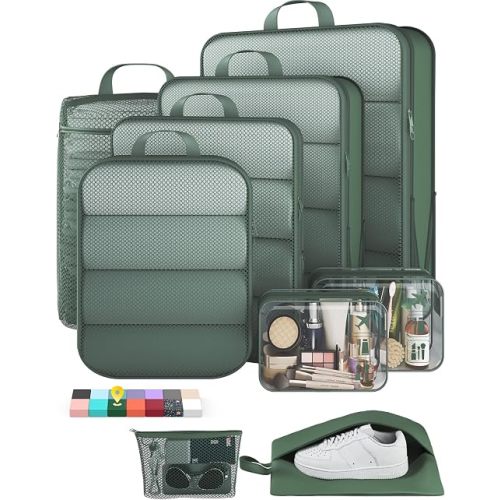 Veken 9/11 Set Compression Packing Cubes Garment Bags for Travel Essentials,Compressible Expandable Luggage Organizer Bags for Clothing,Space Saver Bags with Over 1000 pcs of Mesh Holes(Dark Green)