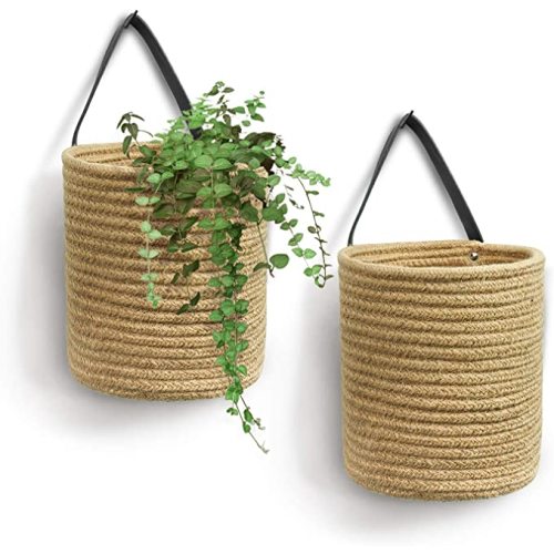 Goodpick 2pack Jute Hanging Basket - Small Woven Fern Hanging Rope Basket Flower Plants Wall Basket Decor Set Boho, 7.87 x 7 x 11.7 inches