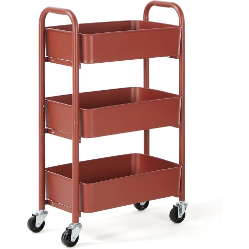 SunnyPoint 3-Tier Delicate Compact Rolling Metal Storage Organizer - Mobile Utility Cart Kitchen/Under Desk Cart with Caster Wheels (RED, 15.35" X 10.24" X 26.8"H)