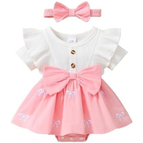 Baby Girl Summer Clothes Newborn Romper Dress Ruffle Short Sleeve Onesie Jumpsuit Outfits with Bow Headband